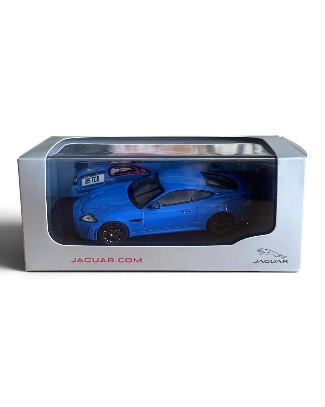 VaultifyUK 1:43 scale Jaguar XKR-S model car in French Racing Blue with black wheels in original display box.