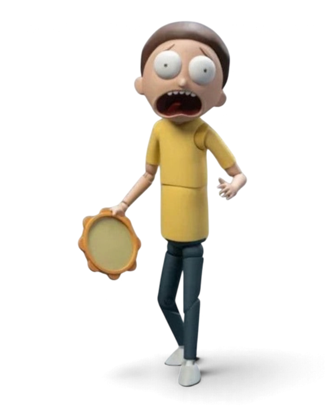 VaultifyUK 1/12 scale Morty Smith action figure wearing a yellow t-shirt and blue jeans, holding a tambourine.
