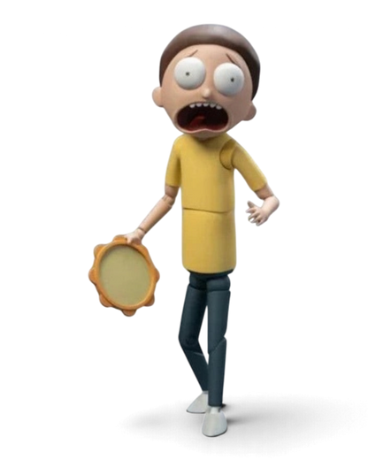 VaultifyUK 1/12 scale Morty Smith action figure wearing a yellow t-shirt and blue jeans, holding a tambourine.