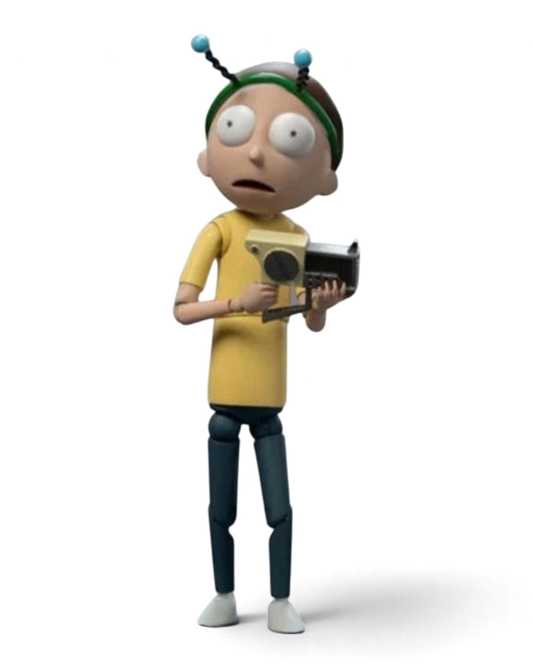 VaultifyUK 1/12 scale Morty Smith action figure wearing a yellow shirt and green memory helmet holding a device.