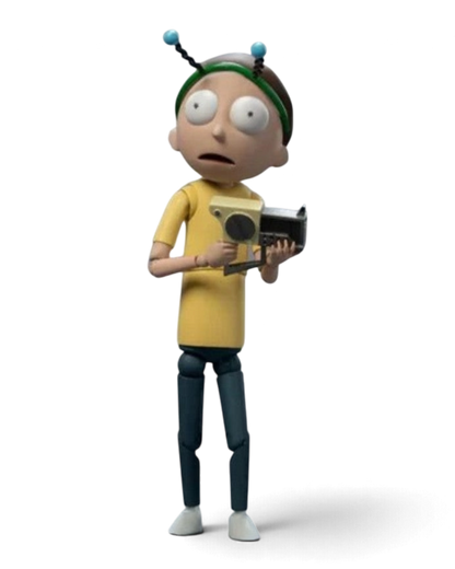 VaultifyUK 1/12 scale Morty Smith action figure wearing a yellow shirt and green memory helmet holding a device.