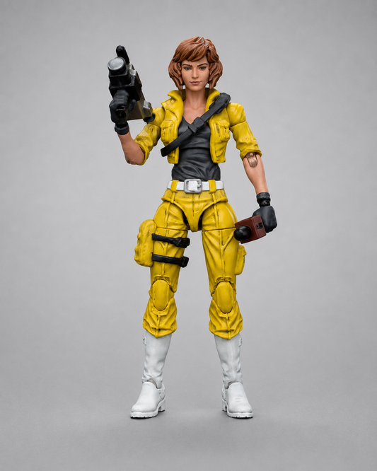 JoyToy TMNT April O’Neil action figure front view holding a video camera and microphone