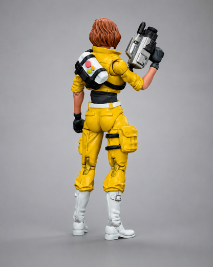 Rear view of the JoyToy TMNT April O’Neil figure showing her equipment bag, camera and yellow outfit