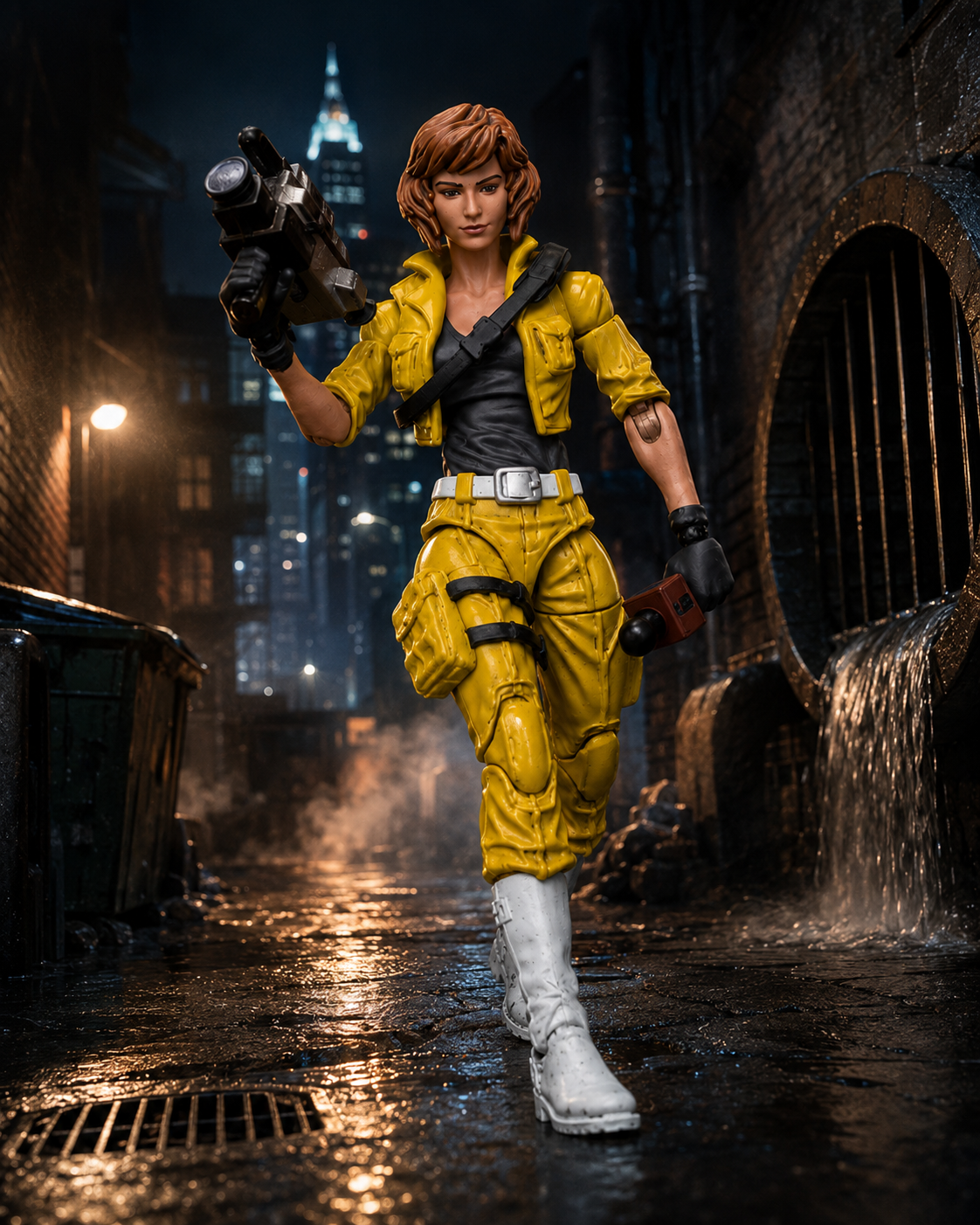 JoyToy TMNT April O’Neil figure carrying a camera and microphone in a cinematic nighttime alley scene
