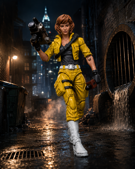 JoyToy TMNT April O’Neil figure carrying a camera and microphone in a cinematic nighttime alley scene