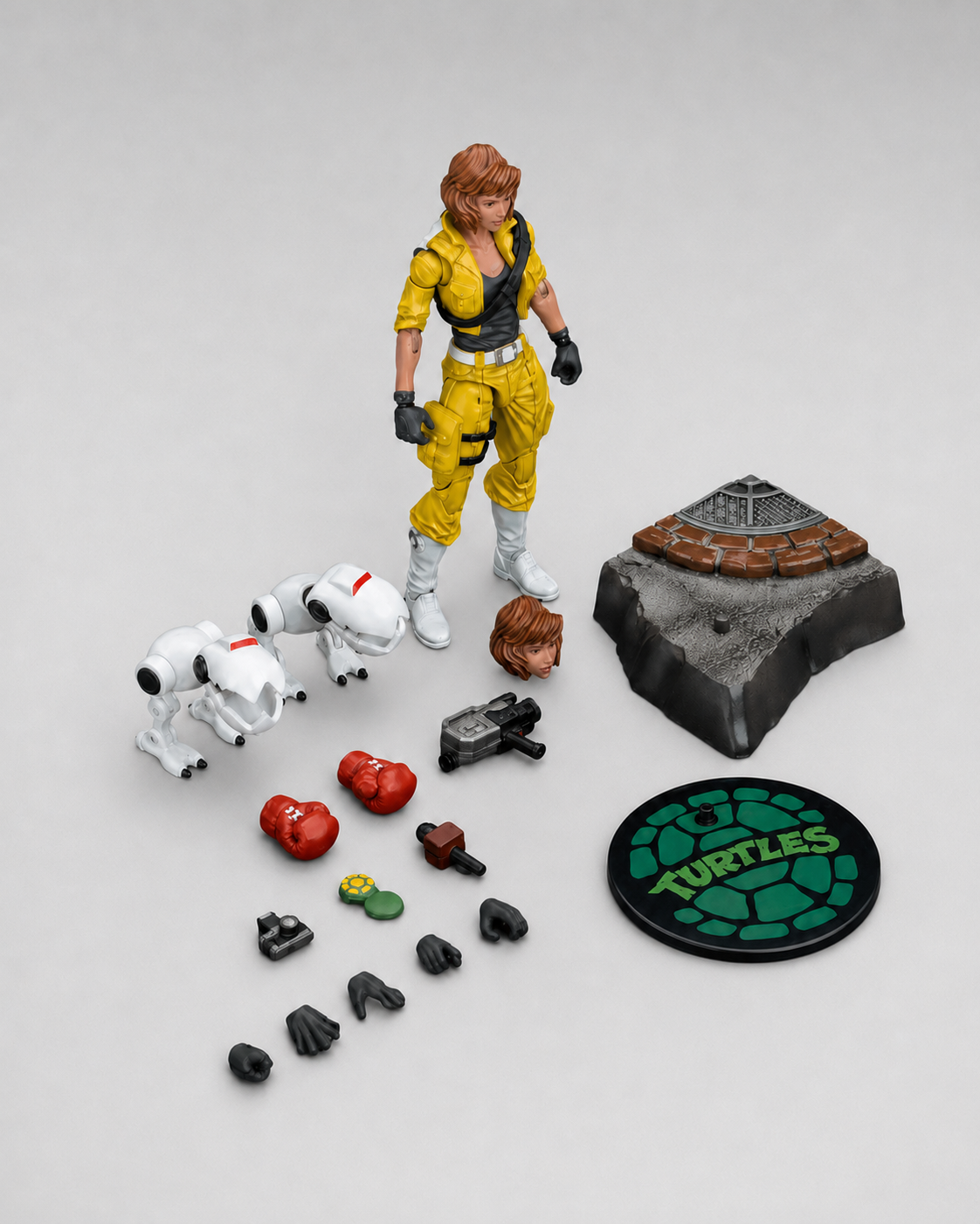 JoyToy TMNT April O’Neil figure with camera, microphone, robot figures, interchangeable hands, head, display base and stand