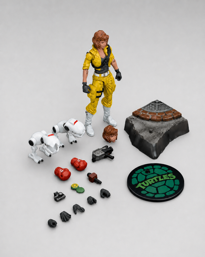 JoyToy TMNT April O’Neil figure with camera, microphone, robot figures, interchangeable hands, head, display base and stand