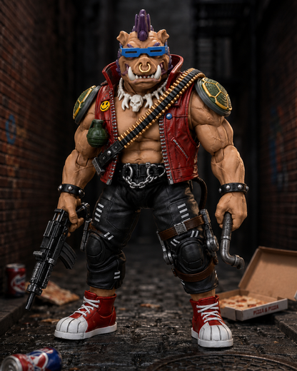 JoyToy TMNT Bebop action figure posed in a dark urban alley scene
