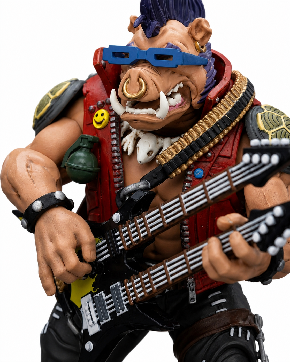 Close-up of the JoyToy TMNT Bebop figure holding the double-neck guitar accessory
