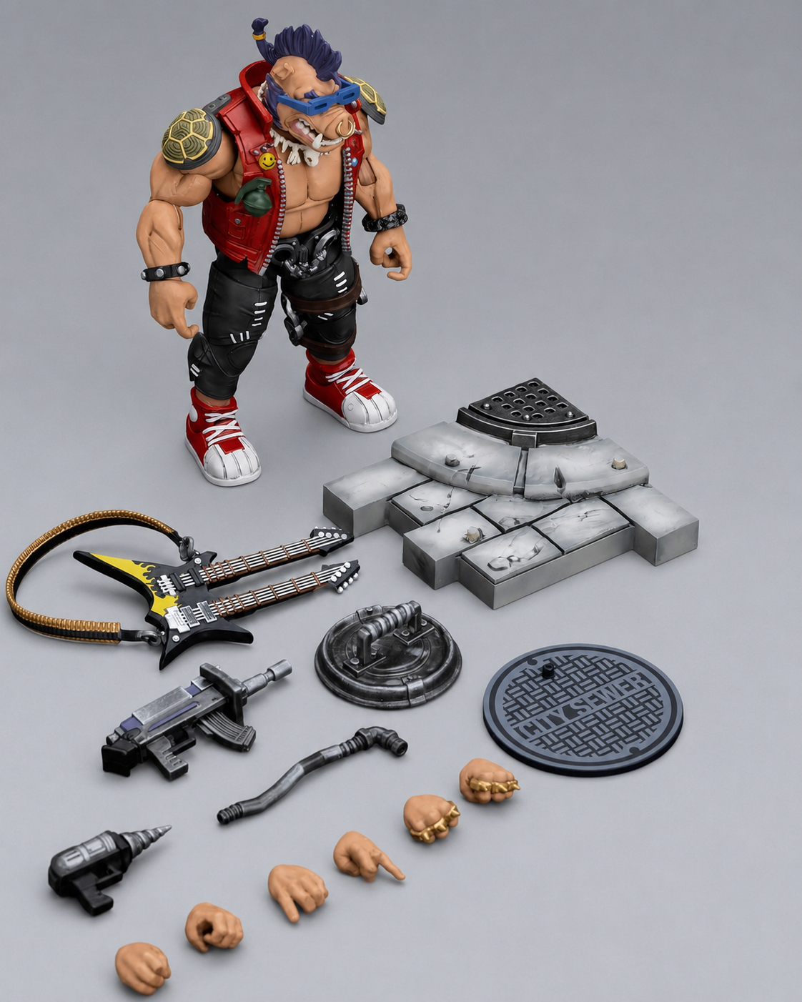 JoyToy TMNT Bebop figure with guitar, weapons, interchangeable hands and display-base accessories