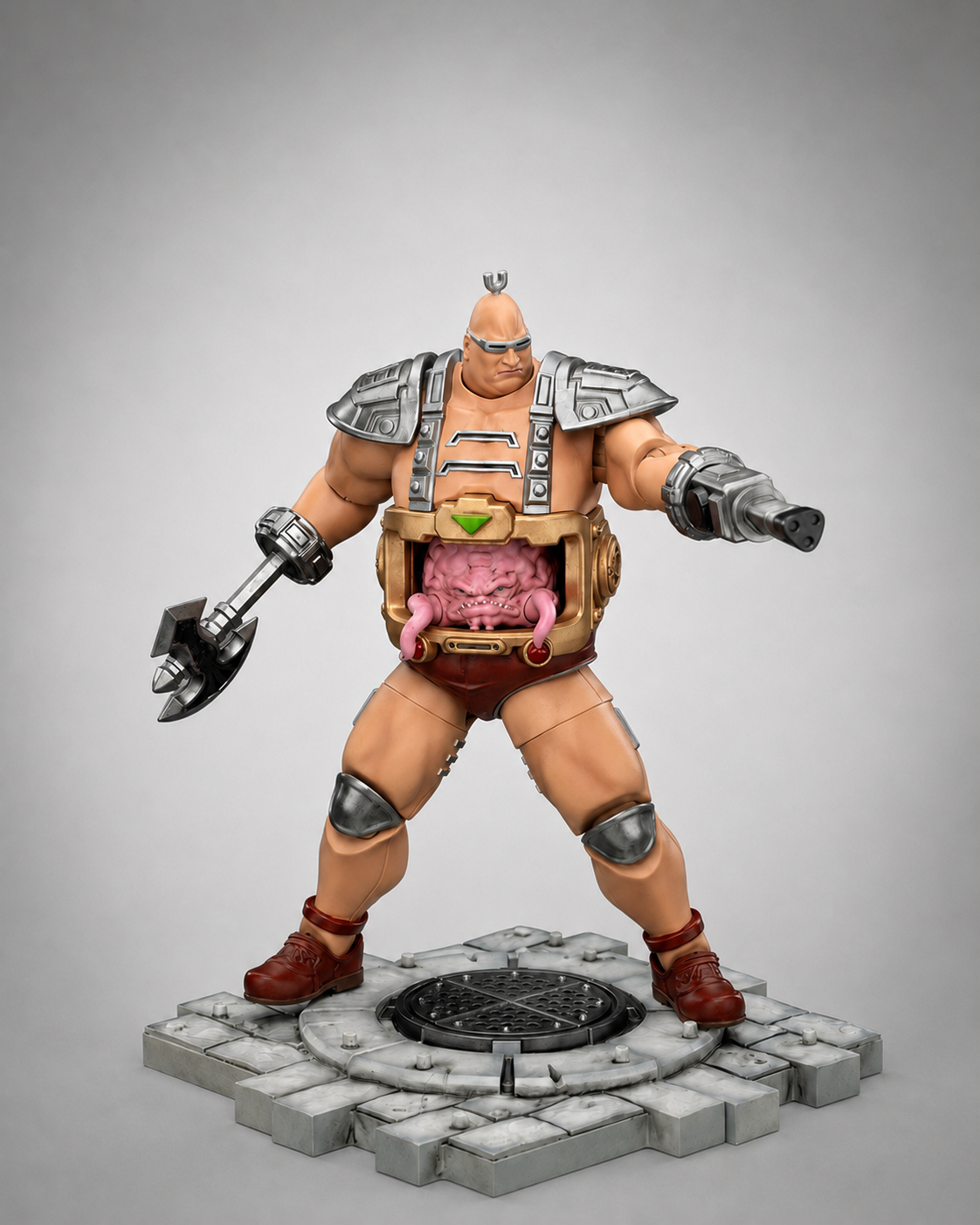 JoyToy TMNT Krang action figure front view with blaster, axe and sewer display base