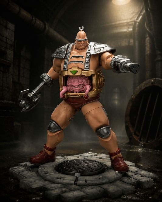 JoyToy TMNT Krang action figure posed with blaster and axe on a sewer display base