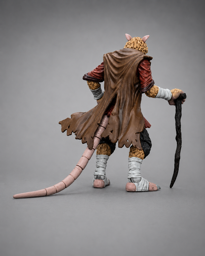 Rear view of the JoyToy TMNT Master Splinter figure showing his cloak, bandaged feet and segmented tail