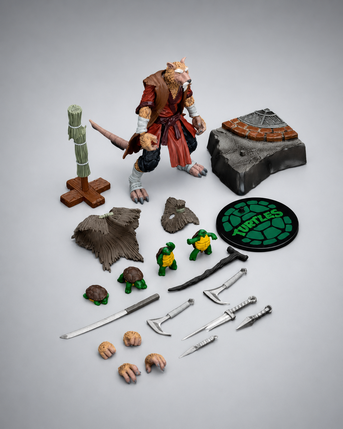 JoyToy TMNT Master Splinter figure with weapons, interchangeable hands, turtle figures, training post and display accessories