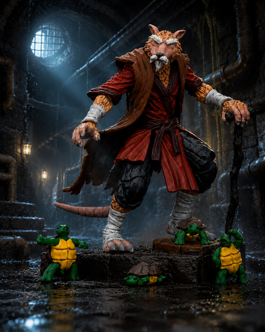 JoyToy TMNT Master Splinter figure with four turtle figures in a cinematic sewer scene