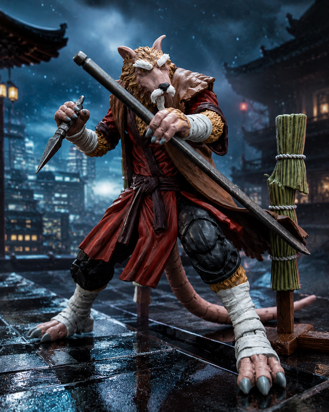 JoyToy TMNT Master Splinter figure wielding a staff and dagger in a cinematic nighttime training scene