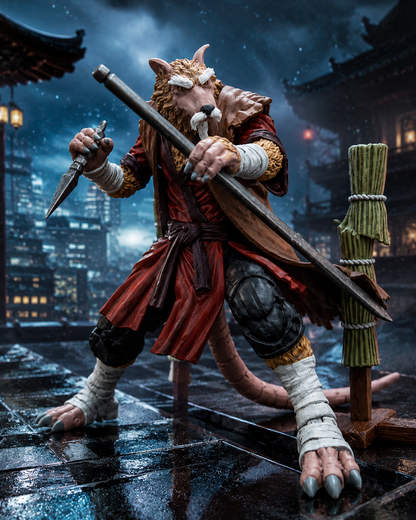 JoyToy TMNT Master Splinter figure wielding a staff and dagger in a cinematic nighttime training scene
