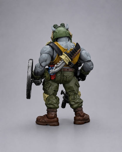 VaultifyUK JoyToy TMNT Rocksteady 1/18 scale action figure, back view showing rhino mutant details and gear.
