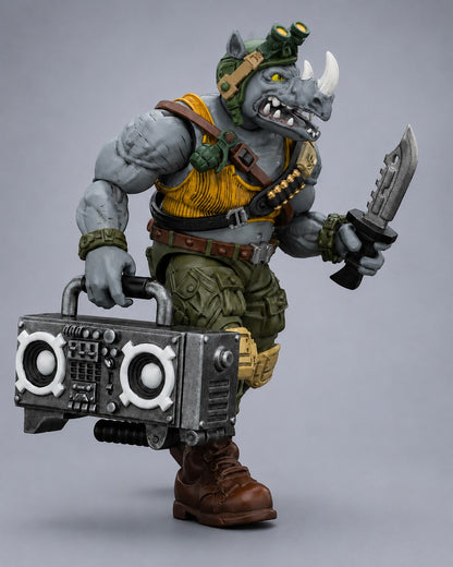 VaultifyUK JoyToy TMNT Rocksteady 1/18 scale action figure holding a boombox and knife with detailed mutant rhino design