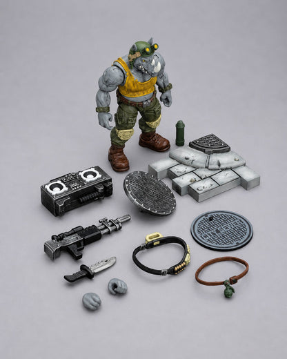 JoyToy TMNT Rocksteady action figure displayed with rifle, knife, boombox, sewer base, interchangeable hands and accessories