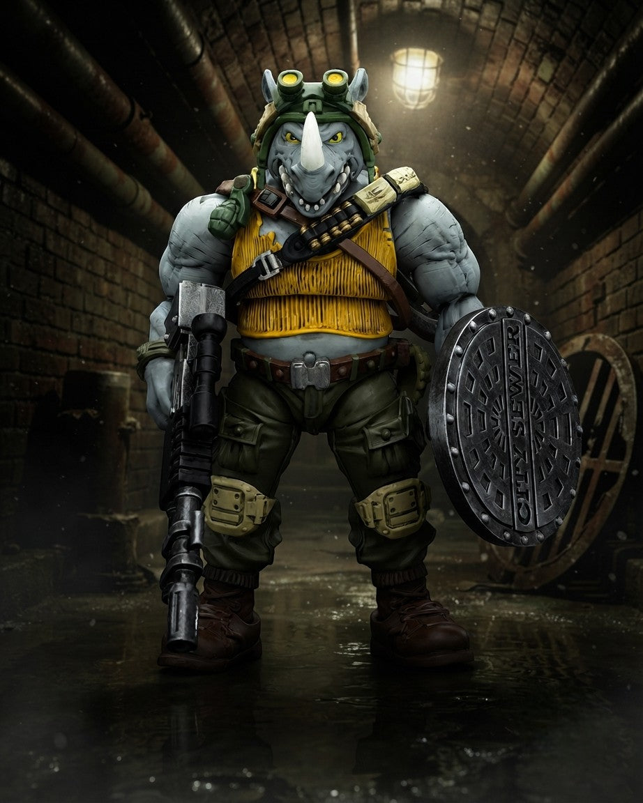 VaultifyUK JoyToy TMNT Rocksteady 1/18 scale action figure with yellow vest, green pants, and manhole cover shield.