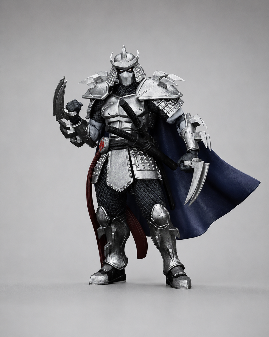 JoyToy TMNT Shredder action figure posed with curved bladed gauntlets, silver armour and flowing cape