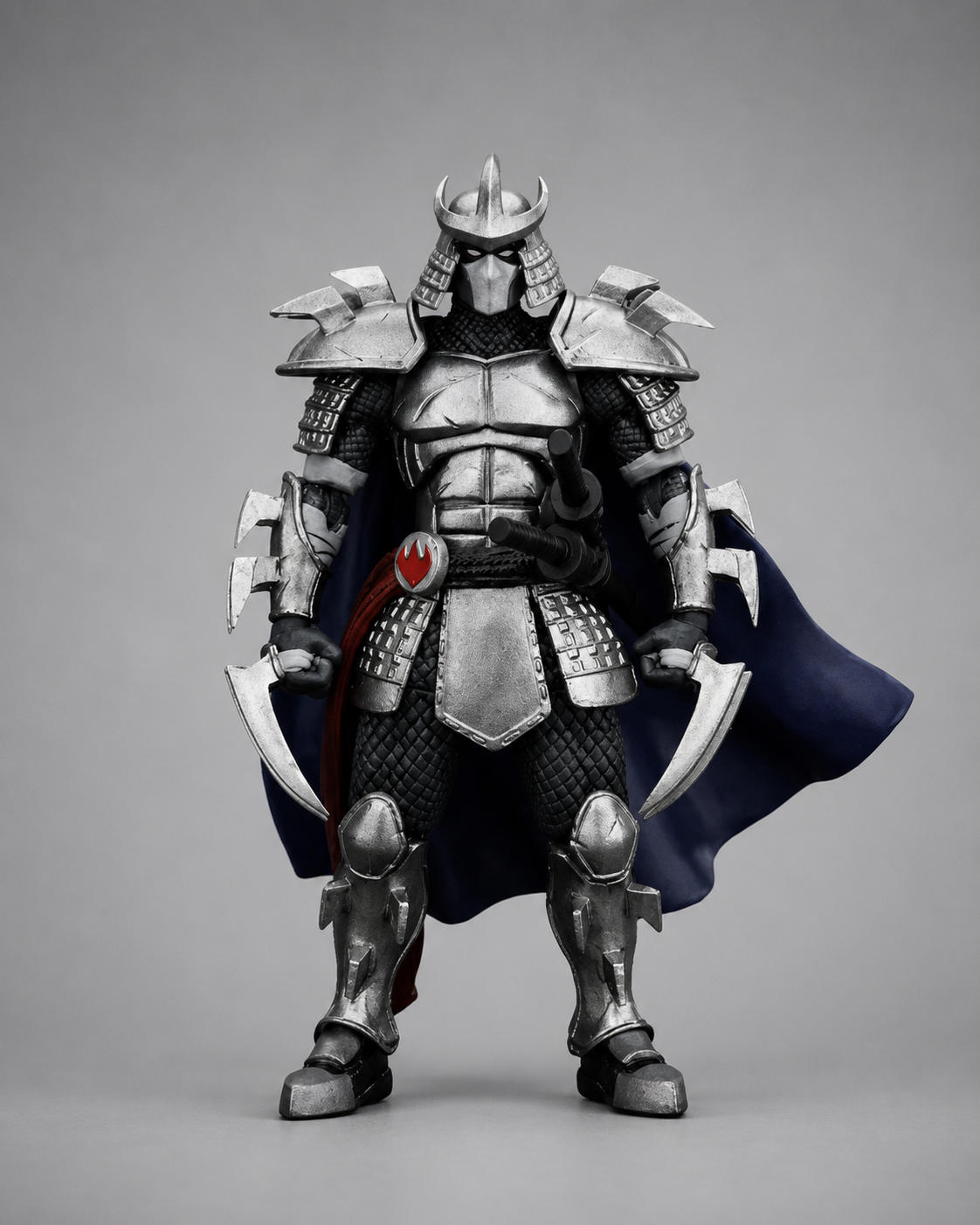 JoyToy TMNT Shredder action figure front view in silver armour with removable cape and bladed gauntlets