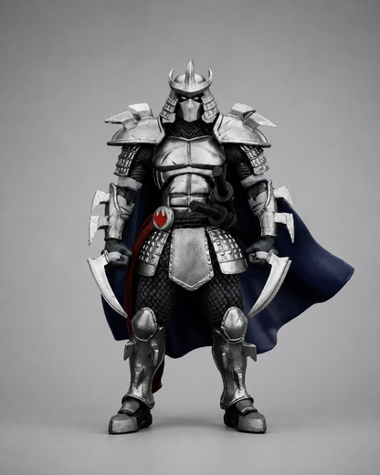 JoyToy TMNT Shredder action figure front view in silver armour with removable cape and bladed gauntlets