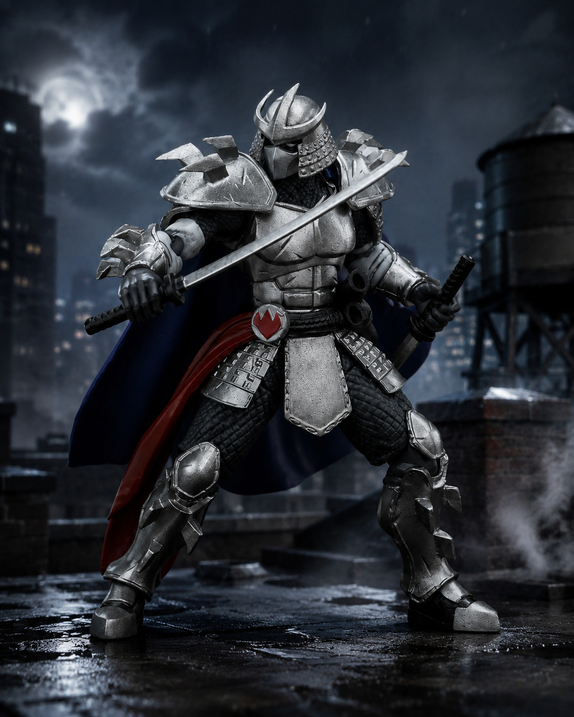 JoyToy TMNT Shredder action figure posed with swords on a rain-soaked city rooftop at night