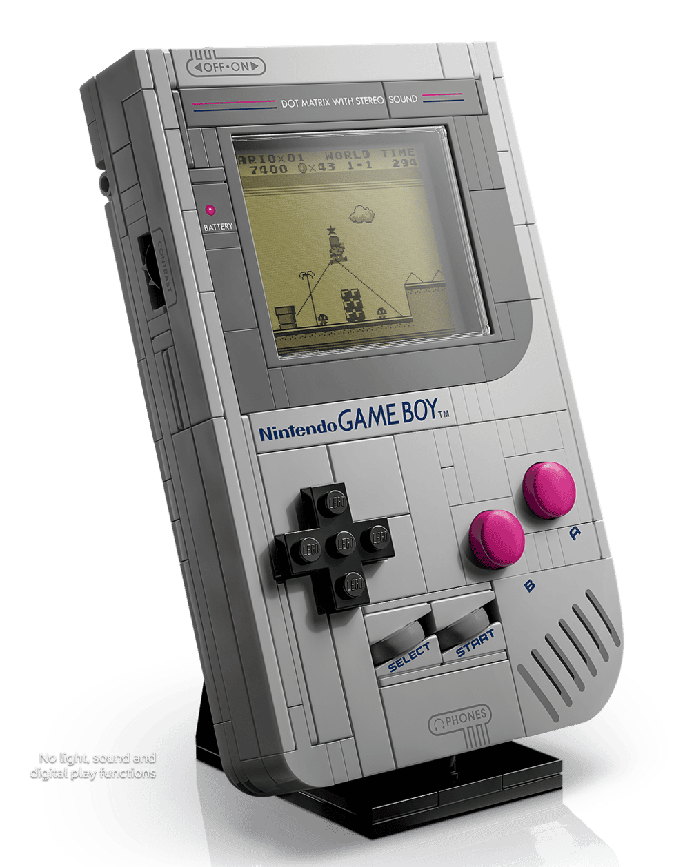 LEGO Game Boy near 1:1 scale brick-built Nintendo console displayed on included stand