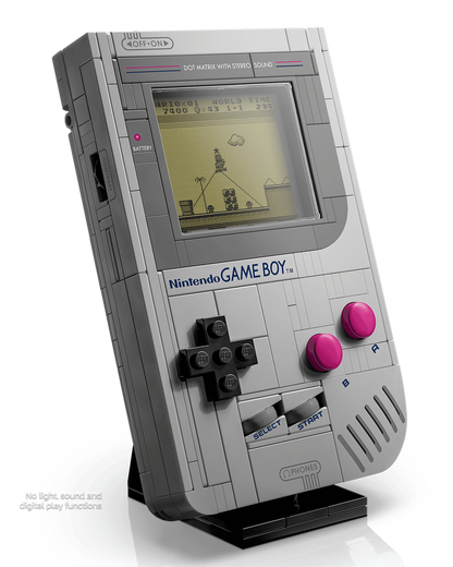 LEGO Game Boy near 1:1 scale brick-built Nintendo console displayed on included stand