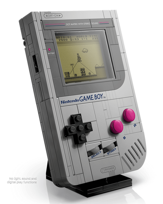 LEGO Game Boy near 1:1 scale brick-built Nintendo console displayed on included stand