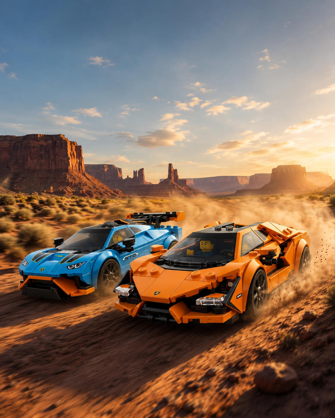 LEGO Lamborghini Revuelto and Huracán STO models racing through a desert landscape at sunset with dust trailing behind.