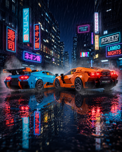 LEGO Lamborghini Revuelto and Huracán STO models driving through a neon-lit city street at night with reflections on wet roads.