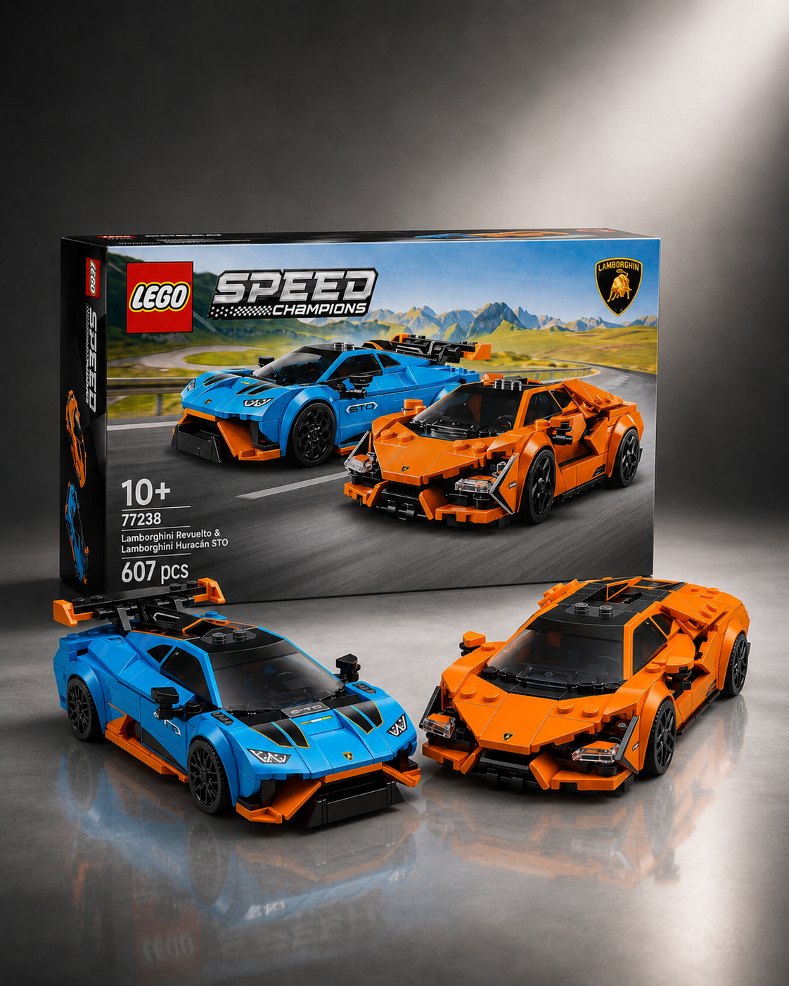 LEGO Speed Champions Lamborghini Revuelto and Huracán STO set with retail box and completed models displayed together.