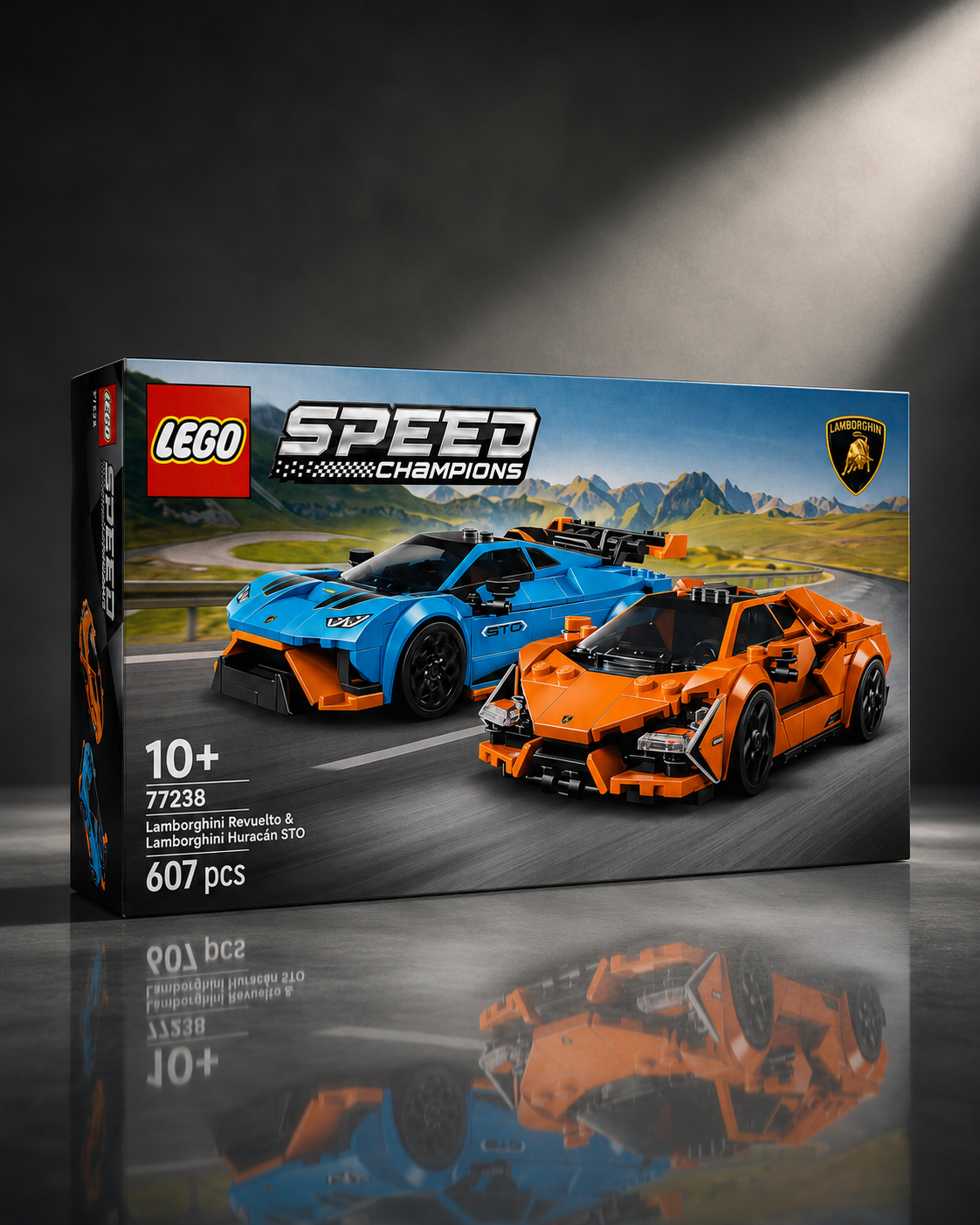 LEGO Speed Champions Lamborghini Revuelto and Huracán STO retail box shown in a premium studio setting.