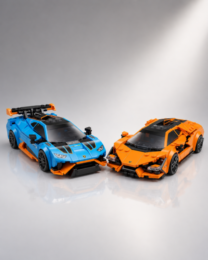 Built LEGO Speed Champions Lamborghini Revuelto and Huracán STO models displayed side by side on a clean studio background.