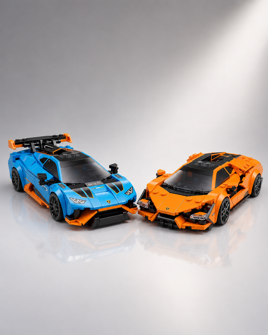 Built LEGO Speed Champions Lamborghini Revuelto and Huracán STO models displayed side by side on a clean studio background.