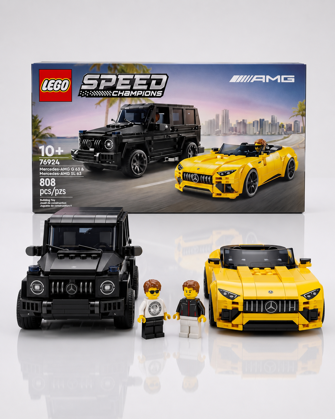 LEGO Speed Champions Mercedes-AMG G 63 and Mercedes-AMG SL 63 set with retail box, completed models and minifigures displayed together.