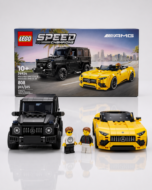 LEGO Speed Champions Mercedes-AMG G 63 and Mercedes-AMG SL 63 set with retail box, completed models and minifigures displayed together.