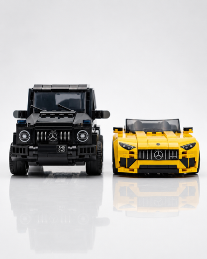 Built LEGO Speed Champions Mercedes-AMG G 63 SUV and Mercedes-AMG SL 63 roadster displayed side by side.