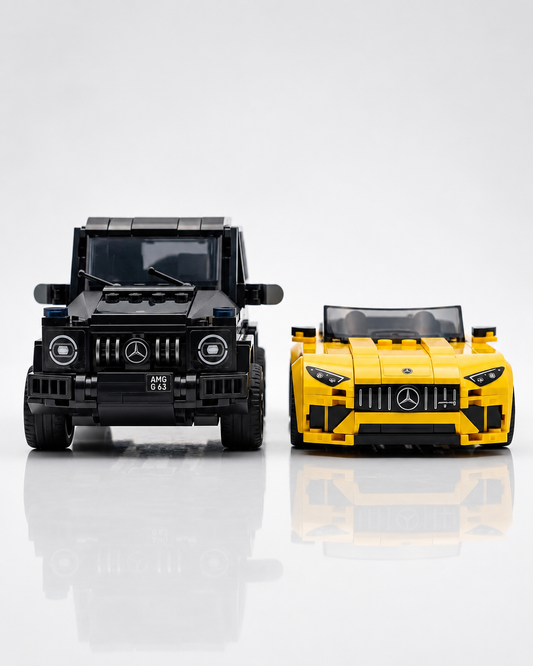 Built LEGO Speed Champions Mercedes-AMG G 63 SUV and Mercedes-AMG SL 63 roadster displayed side by side.