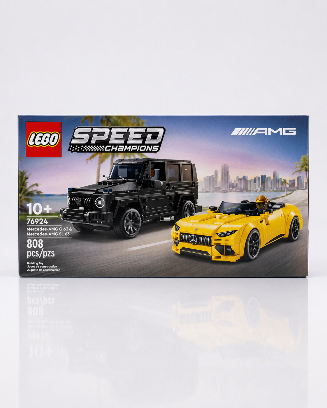 LEGO Speed Champions Mercedes-AMG G 63 and Mercedes-AMG SL 63 retail box displayed on a clean studio background.