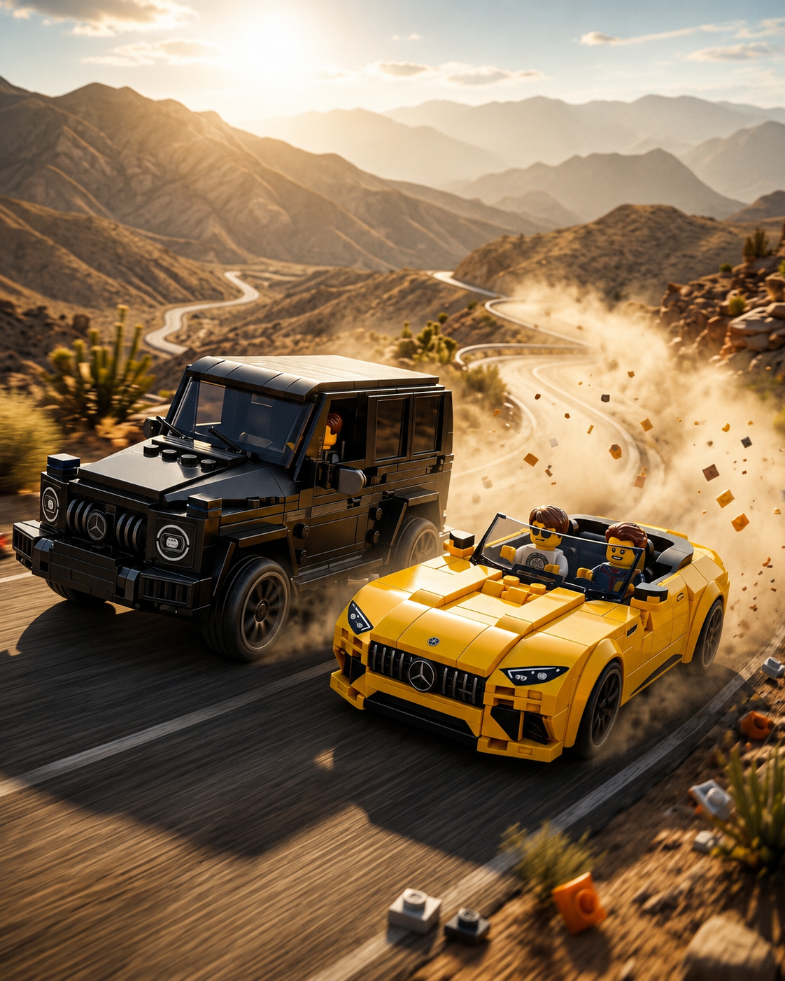 LEGO Mercedes-AMG G 63 SUV and Mercedes-AMG SL 63 roadster driving through a winding desert mountain road.