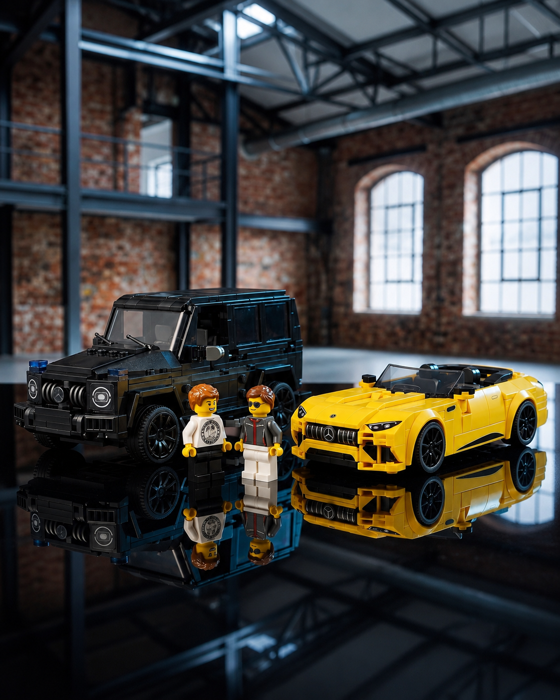 LEGO Mercedes-AMG G 63 SUV and Mercedes-AMG SL 63 roadster displayed in a modern luxury showroom overlooking the coast.