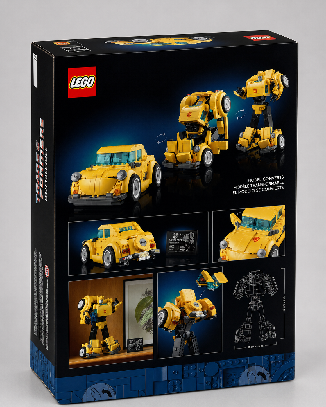 Rear of LEGO Transformers Bumblebee box showing robot and vehicle modes, conversion and display features