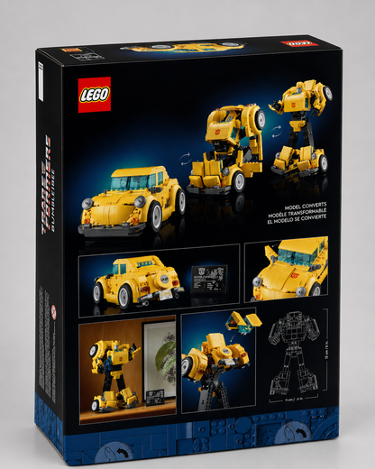 Rear of LEGO Transformers Bumblebee box showing robot and vehicle modes, conversion and display features