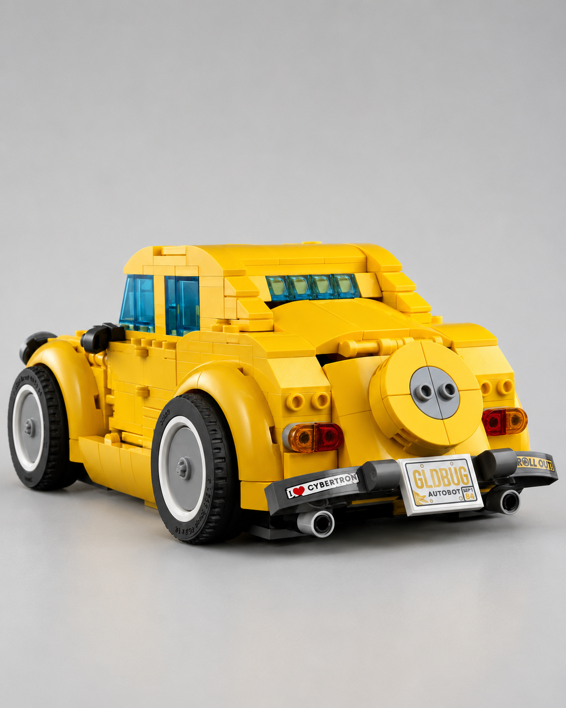 Rear view of LEGO Transformers Bumblebee in vehicle mode showing detailed bodywork and licence plate