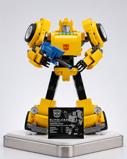 LEGO Transformers Bumblebee robot model with ion blaster and display plaque