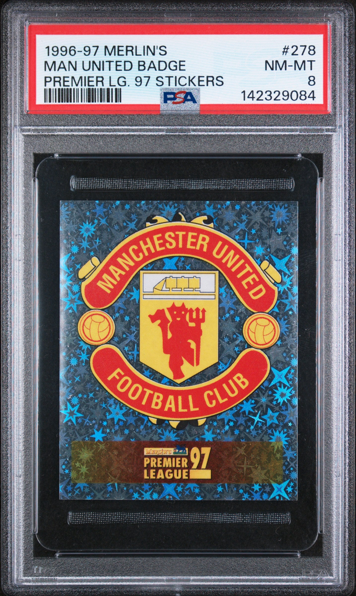 1996 Merlin | Manchester United Badge #278 | Club Badge Sticker | PSA 8 NM-MT